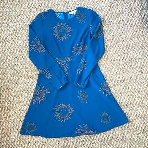 LOFT Blue and Copper/Orange Floral Long Sleeve A-Line Shift Dress | Size 0P